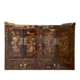 Chinese Distressed Dark Brown Vintage Graphic Tall Credenza Cabinet cs5807S