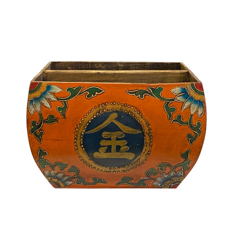 orange square wood bucket - Asian chinese rice measure bucket - Oriental wood holder