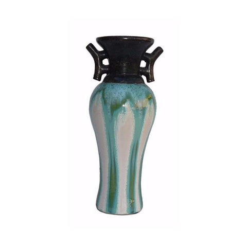 Green Blue White Glaze Ceramic Black Handle Candle Holder Display f170S