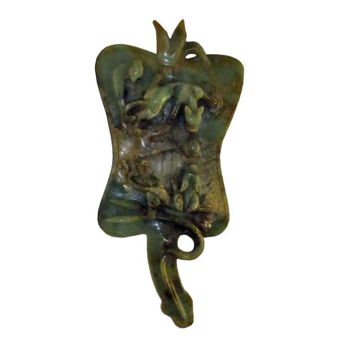 jade stone fan with carved pixie - foo dog