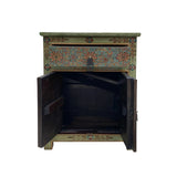 Distressed Pastel Green Turquoise Tibetan Floral End Table Nightstand cs7517S