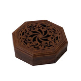 Small Brown Wood Octagonal Carving Storage Accent Box ws2647S