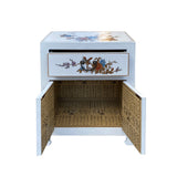 Chinese Off White Vinyl Moon Face Flower Bird End Table Nightstand cs7549S