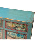 Chinese Distressed Turquoise Blue Old Graphic Credenza Cabinet cs7312S