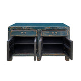Chinese Distressed Dark Teal Blue Flower Graphic Credenza Cabinet cs7512S