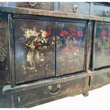 Oriental Vintage Distressed Flower Black TV Console Sideboard Cabinet cs7516S