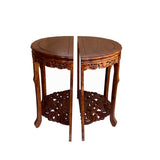 Chinese Brown Flower Carving Wood 2 Half Side Round Pedestal Table ws2748S