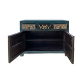Chinese Distressed Teal Green Gray Flower Graphic Credenza Cabinet cs7511S