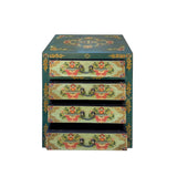 Distressed Teal Green Blue Flowers Graphic 4 Drawers End Table Nightstand cs7357S