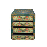Distressed Teal Green Blue Flowers Graphic 4 Drawers End Table Nightstand cs7357S
