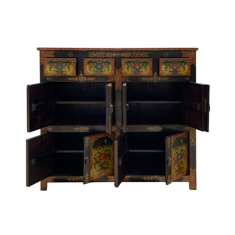 Chinese Tibetan Orange Yellow Flower Graphic Credenza Storage Cabinet cs7175S