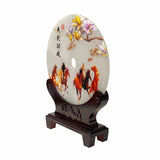 Chinese Natural Stone Round Plaque with 8 Horses, Flowers & Calligraphy Display Stand ws1663S