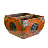 Chinese Wood Square Orange Lacquer Graphic Handle Bucket ws1957BS