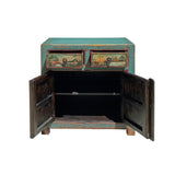 Chinese Distressed Turquoise Blue Old Graphic Credenza Cabinet cs7312S