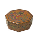 Chinese Distressed Light Brown Octagon Dragon Treasure Graphic Box ws2346S