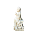 Asian White Stone Carved Sitting Buddha On Base With Heavenly Guardian Soldier n595s