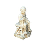 Asian White Stone Carved Sitting Buddha On Base With Heavenly Guardian Soldier n595s