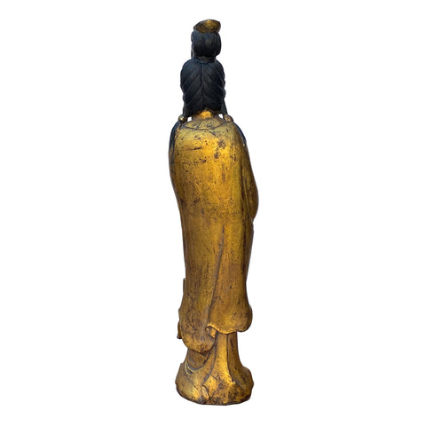 Handmade Wooden Kwan Yin Statue - Gold-Painted Standing Bodhisattva with Holy Vase for Feng Shui and Any Room ws1616S
