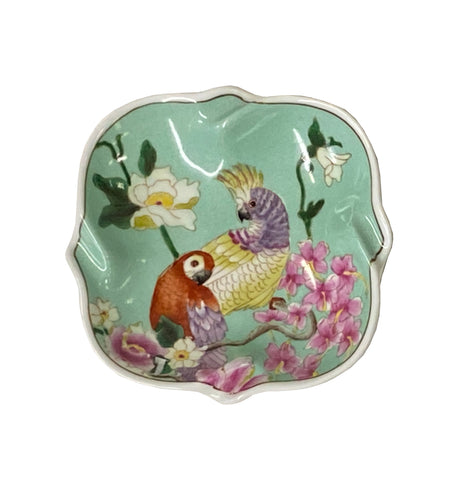 light green square small plate - parrots flower porcelain plate