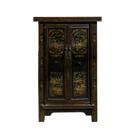 Chinese Mid-Size Black Cabinet with Gold Scenic Painting Handcrafted Golden Lotus Antiques Chinese Mid-Size Black Cabinet with Gold Scenic Painting Handcrafted Golden Lotus Antiques