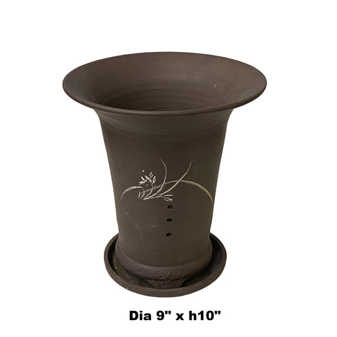 9 inch ceramic planter with saucer Handcrafted Clay Planter with Floral Etching and Drainage Saucer ws134 – Golden Lotus Antiques