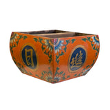 Chinese Wood Square Orange Lacquer Graphic Handle Bucket ws1957BS