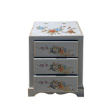 Elegant Oriental Nightstand with Floral & Bird Motif Gray Vinyl Three Drawers End Table Nightstand cs6161S