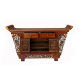 Chinese Rustic Brown Vintage Point Edge Flower Apron Console Cabinet cs7305S