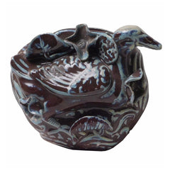 Handmade Dark Brown Celadon Clay Duck in Lotus Swam Play Wall Hanging Vase Flower Pot n154S