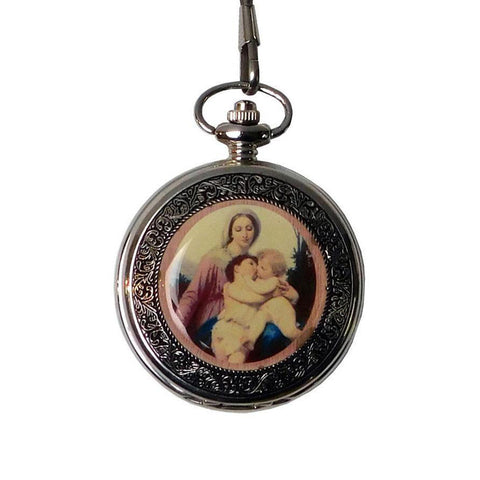 Round Shape Lady & Baby Hugging Painting Chain Pocket Watch