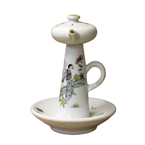 Porcelain Lady Side Scene Garden Play Drawing Oil Lamp