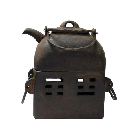 Rectangular Shape Rustic Iron Teapot WIth Charcoal Stove On Bottom