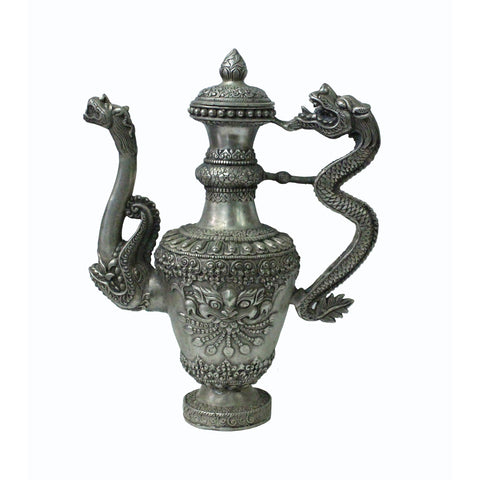 Silverware 3D Dragon and Foo Dog Object Ancient Ceremony Teapot Wine Pot n393S