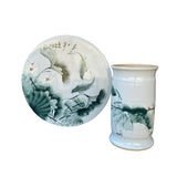 Chinese White Porcelain Green Lotus Fish Theme Round Table cs7297S