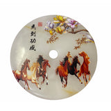 Chinese Natural Stone Round Plaque with 8 Horses, Flowers & Calligraphy Display Stand ws1663S
