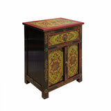 Lime Green Orange Black Tibetan Style Floral End Table Nightstand cs6935S