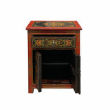 Tibetan Oriental Black Orange Red Floral End Table Nightstand cs6949S