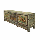 Chinese Distressed Light Green Celadon Graphic Low TV Console Cabinet cs6947S