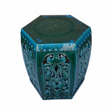 Ceramic Clay Green Turquoise Glaze Hexagon Motif Garden Stool Table cs6986S