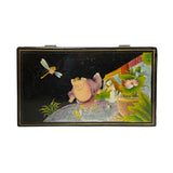 Rectangular Black Lacquer Box w Chinese Mythical Pig Deity Play Graphic ws1552S