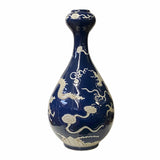 Oriental Dark Navy Blue White Dragon Motif Porcelain Vase ws1592S