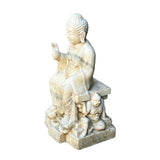 Asian White Stone Carved Sitting Buddha On Base With Heavenly Guardian Soldier n595s