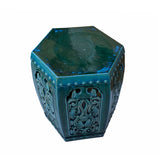 Ceramic Clay Green Turquoise Glaze Hexagon Motif Garden Stool Table cs6986S