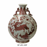 Chinese Off White Brick Blood Red Horses Graphic Theme Flask Vase ws1650S