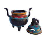 Turquoise Cloisonne Tri legs Ding Incense Burner With Foo Dog Cover