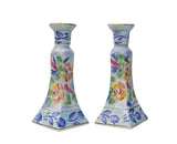 Pair Of Chinese Porcelain Color Mix Graphic Candle Holders