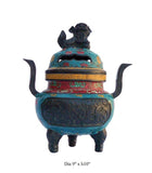 Turquoise Cloisonne Tri legs Ding Incense Burner With Foo Dog Cover