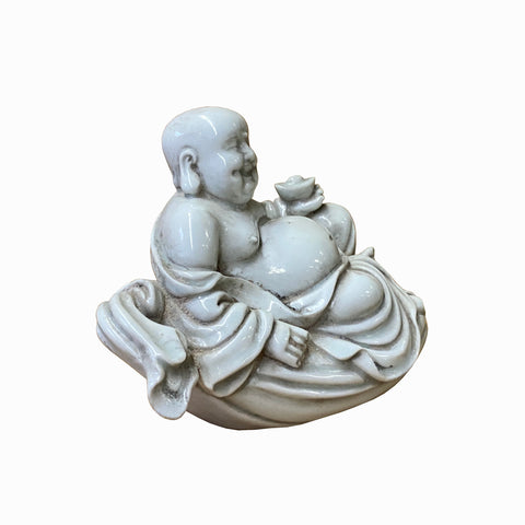 Handmade Ceramic Happy Buddha Statue – Holding Ancient Money & Sitting on Fortune Bag ws1493S