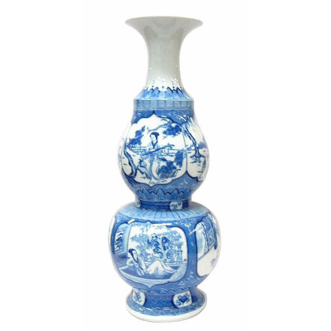 Chinese Handmade Gourd Shape Porcelain Blue & White Lady Portrait Tall Vase