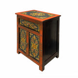 Tibetan Oriental Black Orange Floral End Table Nightstand cs6941S
